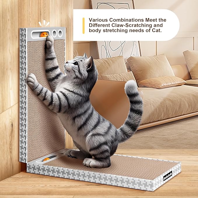 Cat Scratching Board 3 Pack – Reversible Cardboard Scratcher for Indoor Cats, Wide Boxed Scratch Pads with Bell Ball, Durable Corrugated scratchers as Furniture Protector