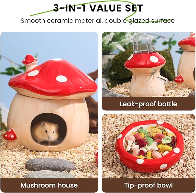 Ceramic Hamster Hideout, Hamster Water Bottle Holder and Food Bowl, Red Ceramic Mushroom House Design– Complete Cage Accessories for Small Animal cage Decorations