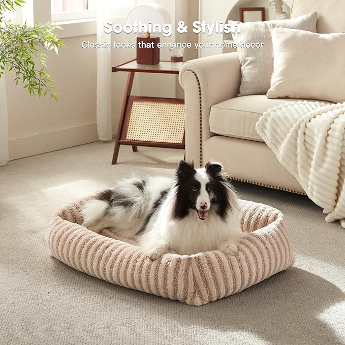 MIXJOY Dog Bed Medium Sized Dogs, Calming Dog Beds, Washable Pet Beds with Removable Cover, Rectangle Non-Slip Bottom Pet Bed, Suitable for Pets Up to 40lbs, 30"x24"x8", Beige