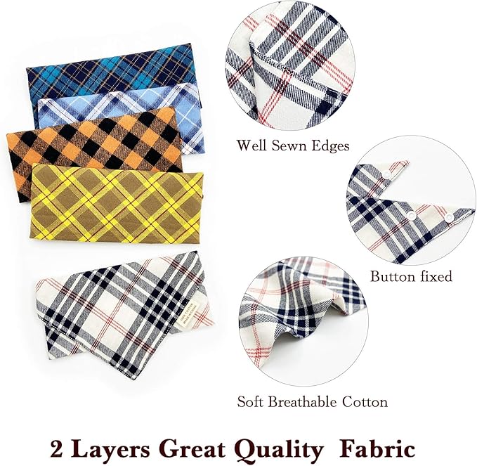 5PCS Dog Bandanas with Button - Thick Triangle Bibs Dual Layer Soft Cotton Scarves for Small Medium Boy Girl Puppy Cat Pet Baby Square Plaid Printing Washable Kerchief Halloween Costumes Outfits
