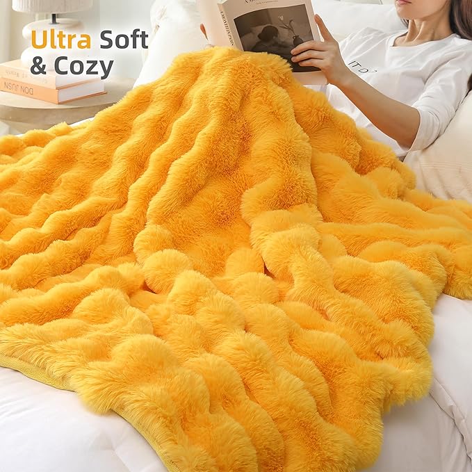 Smoofy Faux Fur Throw Blanket for Couch – Mustard Yellow Fluffy Cozy Rabbit Fleece, Plush Soft Bubble Blanket for Sofa & Bed, for Mom, Warm Fuzzy Home Room Decor Throw 60" x 80"