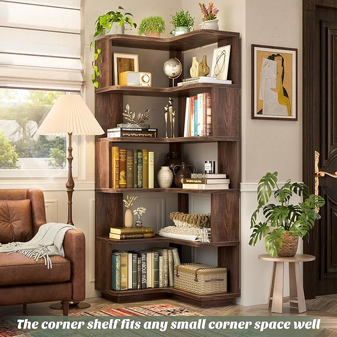 Armocity Corner Book Shelf - 6 Tier Corner Bookshelf Etagere Bookcase with Baffle, Freestanding L Shaped Display Shelf Stand for Home Office, Living Room, Bedroom, Kitchen, Black Walnut