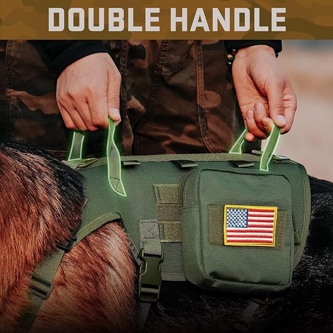 Forestpaw Tactical Dog Harness for Large Dogs,Tactical Dog Collar with Bungee Leash Set,No Pull Military Dog Harness for Walking Training,Adjustable for Medium Large Dogs,Green,Chest 19.5-41.5"