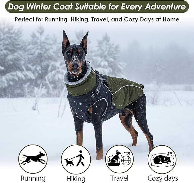 ASENKU Reflective Dog Coat with Built-in Harness, Windproof Fleece-Lined Dog Jacket for Small, Medium, Large Dogs, Warm Winter Vest with Turtleneck & Zipper (Green L)