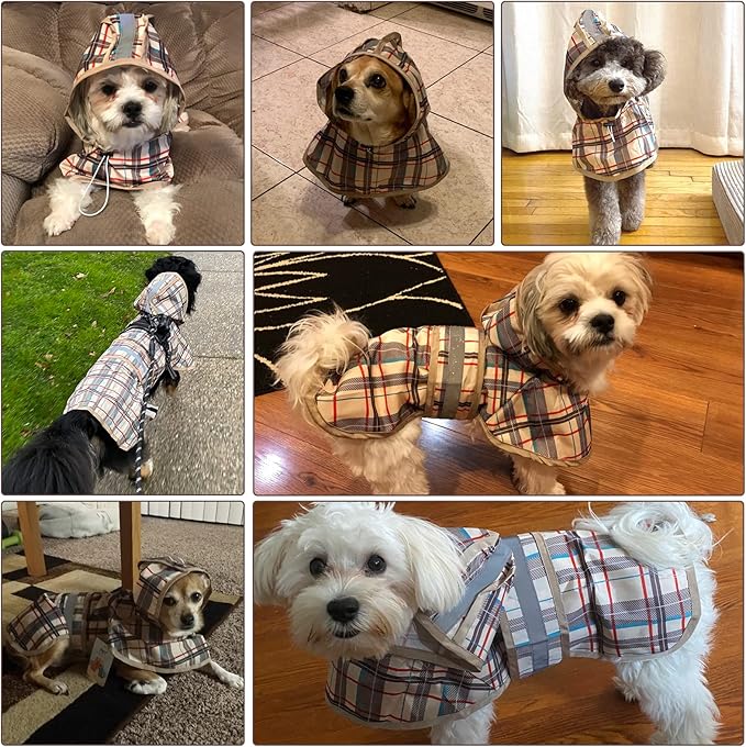 KOOLTAIL Dog Raincoat Hooded Slicker Poncho with Leash Hole, Raincoat for Small Medium Dogs, Waterproof Doggie Rain Jacket with Reflective Strip, Adjustable Breathable Plaid Puppy Rainwear-Beige