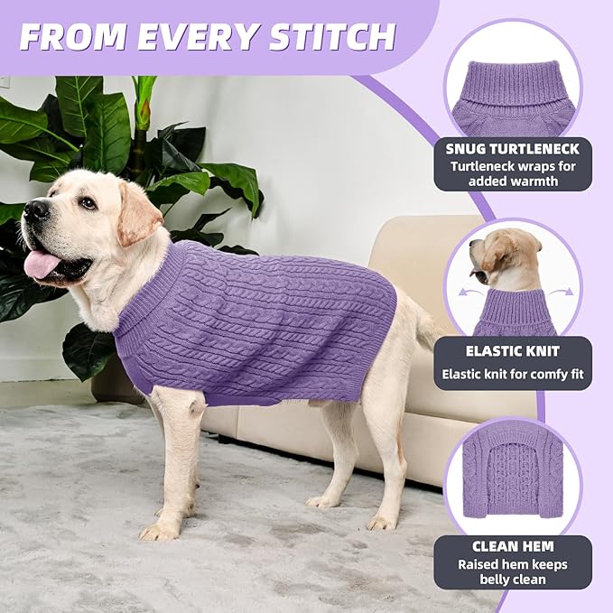 2 Pack Dog Sweaters for Big Dogs Turtleneck Pullover Cable Knit Large Size Stretch Clothes Pitbull Labrador Bulldog Doberman Boy Girl Pets Winter Clothes (XL, Pink & Purple)