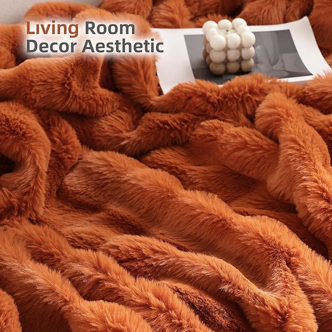 Smoofy Faux Fur Fall Throw Blanket for Couch – Burnt Orange Fluffy Cozy Rabbit Fleece, Plush Soft Bubble Blanket for Sofa & Bed, for Mom, Warm Fuzzy Home Room Decor Throw 60" x 80"