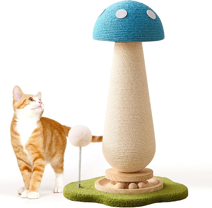21.5โโ H Cat Scratching Post with Catnip,Cute Mushroom Cat Scratcher Post with Durable Natural Solid Wood Turntable Toy, Sky Blue Mushroom Shape Design Cat Toy Cat Sisal Scratcher for Indoor Cats