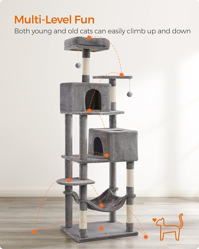 Feandrea Cat Tree, 75.2-Inch Cat Tower for Indoor Cats, Plush Multi-Level Cat Condo with 5 Scratching Posts, 2 Perches, 2 Caves, Hammock, 2 Pompoms, Light Gray UPCT191W01