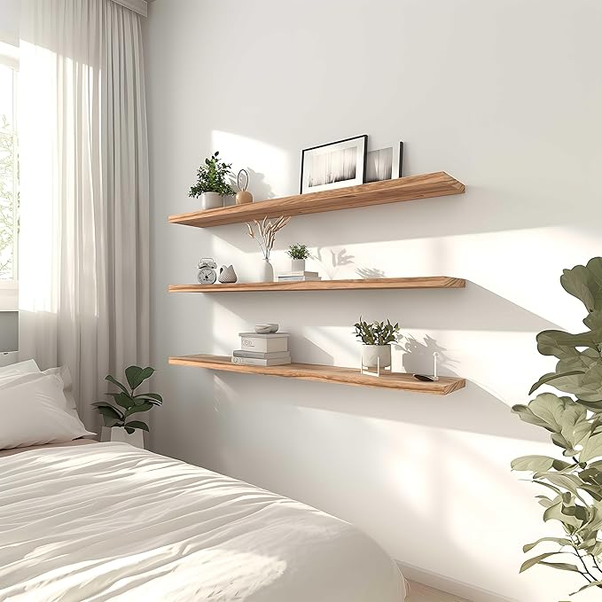 48 Inch Light Wood Floating Shelves for Wall Rustic Wall Shelf for Bedroom Living Room Set of 4
