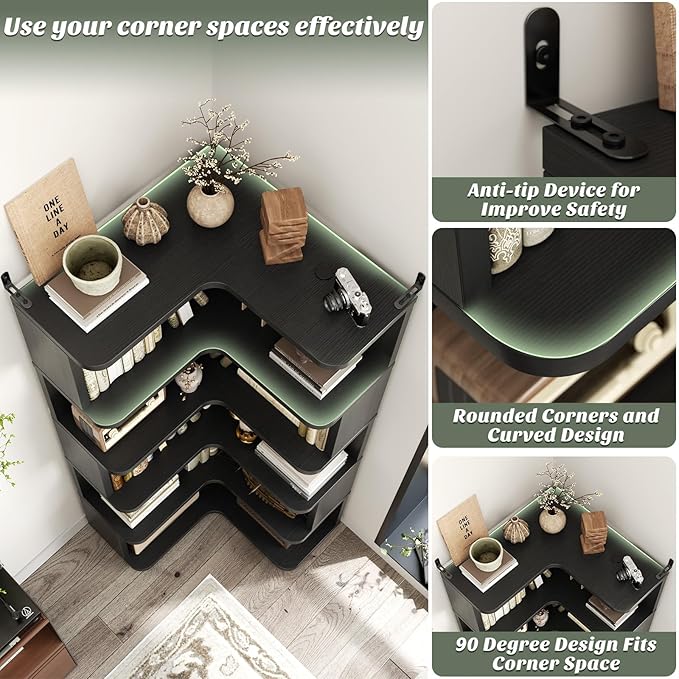 Armocity Corner Book Shelf - 6 Tier Corner Bookshelf Etagere Bookcase with Baffle, Freestanding L Shaped Display Shelf Stand for Home Office, Living Room, Bedroom, Kitchen, Black