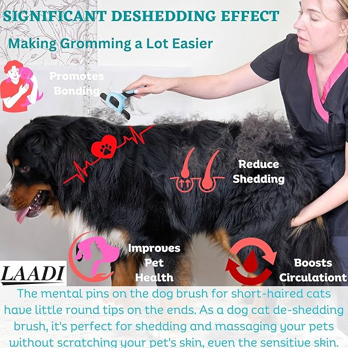 LAADI Deshedding Tool for Dogs and Cats - Reduces Shedding by Up to 95% in Less Than 10 Minutes - Professional Grooming Brush for All Hair Types - Ergonomic Design and Skin Massage Needles - Blue