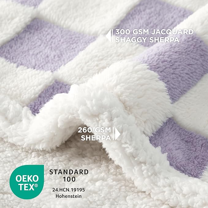 Lesure Waterproof Dog Blanket for Large Dogs - Washable Double Sided Dog Blankets with Warm Jacquard Shag and Soft Sherpa Fleece, Pet Cat Blanket for Couch Protection, 3D Textured Checks, Purple