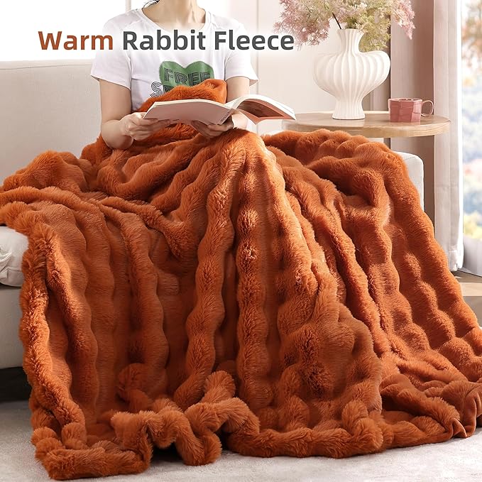 Smoofy Faux Fur Fall Throw Blanket for Couch – Burnt Orange Fluffy Cozy Rabbit Fleece, Plush Soft Bubble Blanket for Sofa & Bed, for Mom, Warm Fuzzy Home Room Decor Throw 60" x 80"