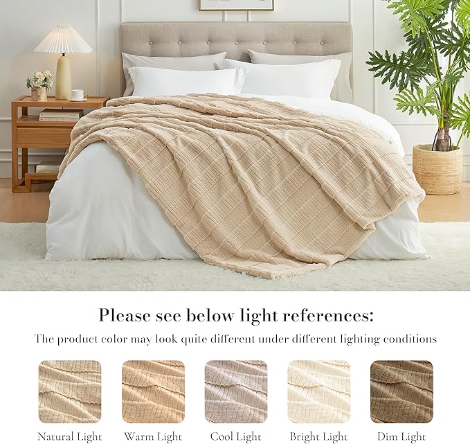 Amélie Home Luxury Striped Faux Fur Throw Blanket for Couch, Soft Cozy Fuzzy Fluffy Soft Plush Blankets Sofa Chair Gift Blankets for Women, 55"x70", Beige