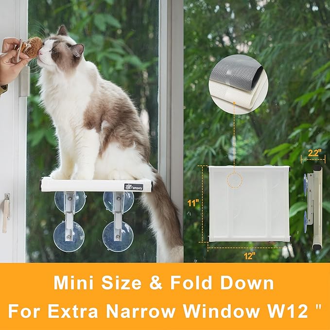 24"XL Cat Window Perch=12" Duo Pac Step=2 Mini Stand for Narrow Space,Vertical Gym Set,8+8 Suction Cup,Hold Up 80LB,Foldable Cordless Underneath Support,Textilene Seat Bed,Easy Clean&Dry-White