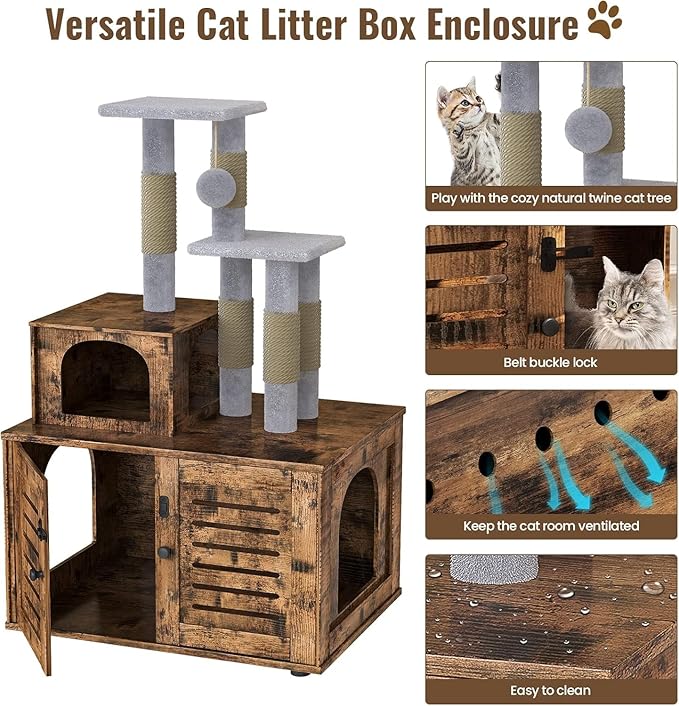 Cat Litter Box Enclosure with Cat Tree Tower 2-in-1 Hidden Pet Washroom Furniture with Scratching Post and Soft Plush Perch Platform Wooden Cat House Divided Condo for Indoor Large Cats Rustic Brown