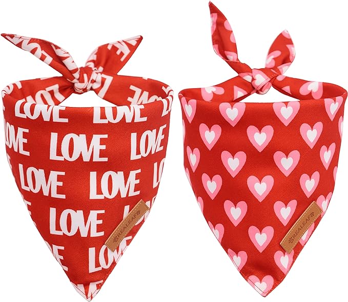Realeaf Love Dog Bandanas 2 Pack, Triangle Reversible Mothers Day Valentine's Day Pet Scarf for Boy and Girl, Premium Durable Fabric, Holiday Bandana for Small and Medium Dogs (Small)