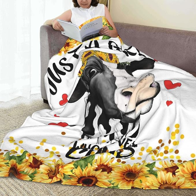 Cow Balnket Sunflower Cow Soft Cozy Flannel Throw Blanket Just a Girl Who Loves Cow Blankets Gifts for Women Kids Adults Teen 80"X 60"