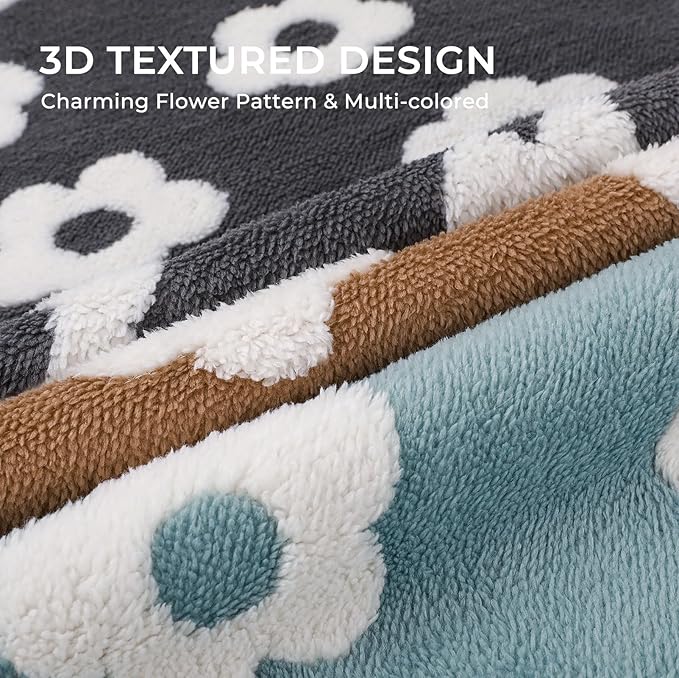 Luciphia Waterproof Pet Blanket for Medium Large Dogs Fluffy Thick Fleece Washable Warm Sherpa Calming Flower Print for Cats Puppy (Khaki,67x57 inches)