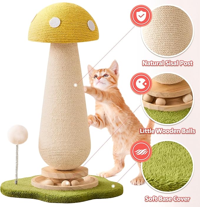 Mushroom Cat Scratching Post Cat Tree, 21.5โโ H Cute Cat Scratcher Tower with Durable Solid Wood Turntable Toy, Lemon Yellow Mushroom Scratch Post Cat Sisal Scratcher with Catnip for Indoor Cats