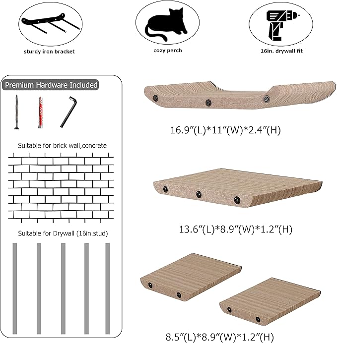 Wall Mounted Cat Shelves and Perches,Scratchable Cat Beds & Furniture for Indoor Cats, Soft PET Felt Feline Climbing Wall Set, Modern Jungle Gym System for Lounging and Sleeping(Set of 4-Oatmeal)