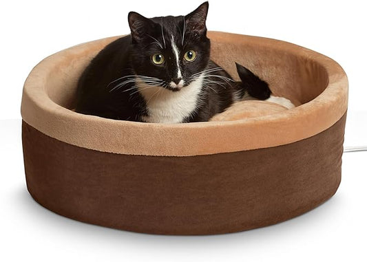 K&H Pet Products Thermo-Kitty Bed Heated Cat Beds for Large Indoor Cats & Dogs, Calming Warming Pillow Pet Bed, Machine Washable, Removable Heater, Safety Listed - Large 20" Round Mocha/Tan