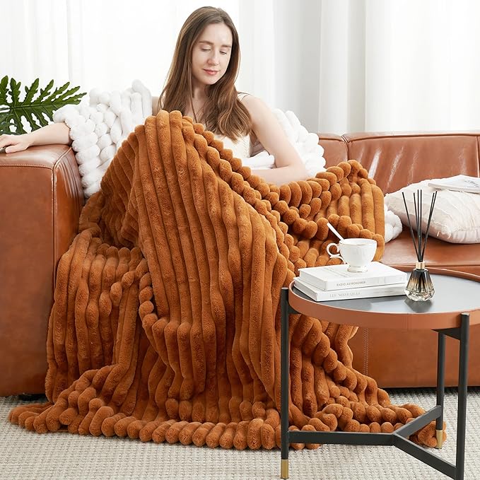 Amélie Home Faux Fur Throw Blanket for Couch, Cozy Fuzzy Fluffy Fur Luxurious Soft Striped Plush Gift Blankets for Family Sofa Chair Bedroom, 55"x70", Brown
