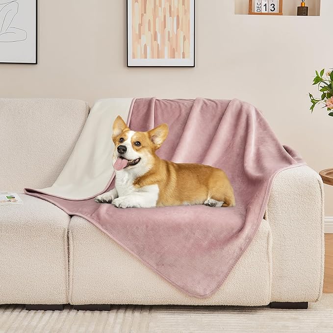 Waterproof Blanket 80"x90" for Adults, Reversible Waterproof Bed Cover for Dogs Cats Pets, Soft Leakproof Blanket for Bed Couch Sofa Furniture Protector, Dusty Pink/Off White
