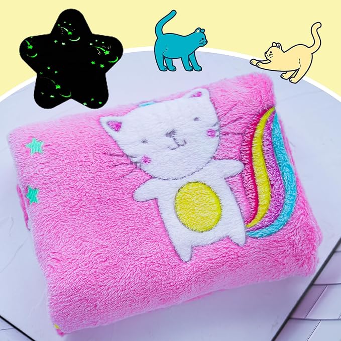 Halloween Glow in The Dark Pink Cat Throw Blanket with Storage Bag, Soft Blanket for Girls Boys, Camping Blanket, Gifts for Children Ages 1-10, Kids Blanket, Day Care Home Office Travel Use, Pink