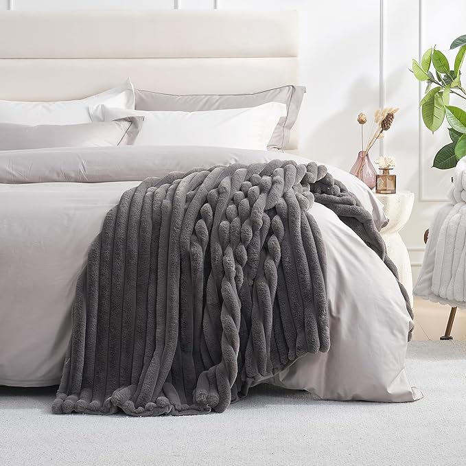 Amélie Home Faux Fur Throw Blanket for Couch, Cozy Fuzzy Fluffy Fur Luxurious Soft Striped Plush Gift Blankets for Family Sofa Chair Bedroom, 55"x70", Charcoal Grey