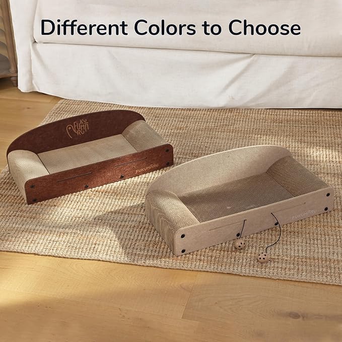 FUKUMARU 26 Inch Cat Scratcher Cardboard Lounge Bed, Durable Cat Scratcher Extra Large Lounger, 2 Reversible Cat Scratching Pads Refill for Indoor Cats, Cat Scratch Bed Cardboard Toy, Caramel Color