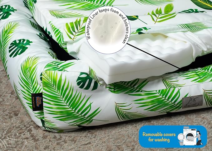 Furry's Paradise Foam Cuddler Waterproof Bolster Pet Bed with Reversible Cushion, Recycled Fibers and Non-Slip Bottom. (in The Tropics, Orthopedic Large)