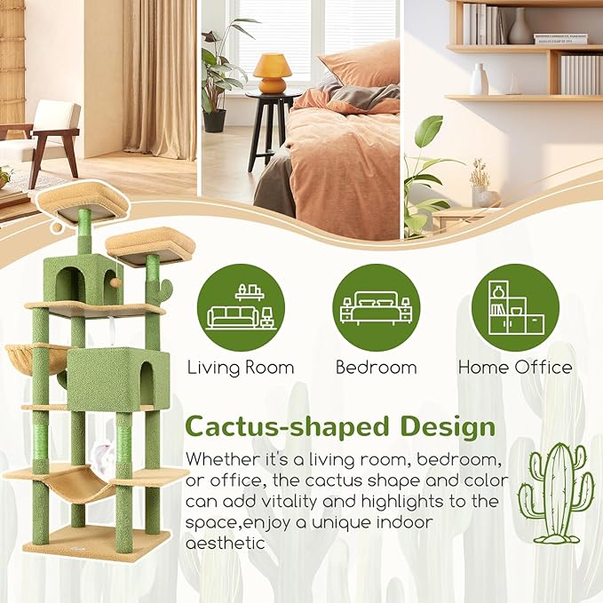 Globlazer Cactus Cat Tree Tower 76-Inch Extra Tall Multi-Level Cat Furniture with Cozy Condos,Interactive Toys and Perches for Large Cats, Perfect for Climbing, Scratching, and Play, F76, Green