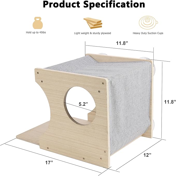 Window Cat Perch Shelves for Inside, Sturdy Wood Climbing Seat Mounted with Heavy Duty Suction Cups, Corner Window Bed for Overlooking and Sleeping(Left)