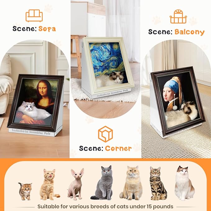 Mona Lisa Cat Bed Painting Cat Scratcher Bed CartBoard Cat House for Indoor Cats Half-Surround Design W/Horizontal Cat Scratcher Scratching Board W/Catnip (B1-Mona Lisa, Frame Pre-Taped)