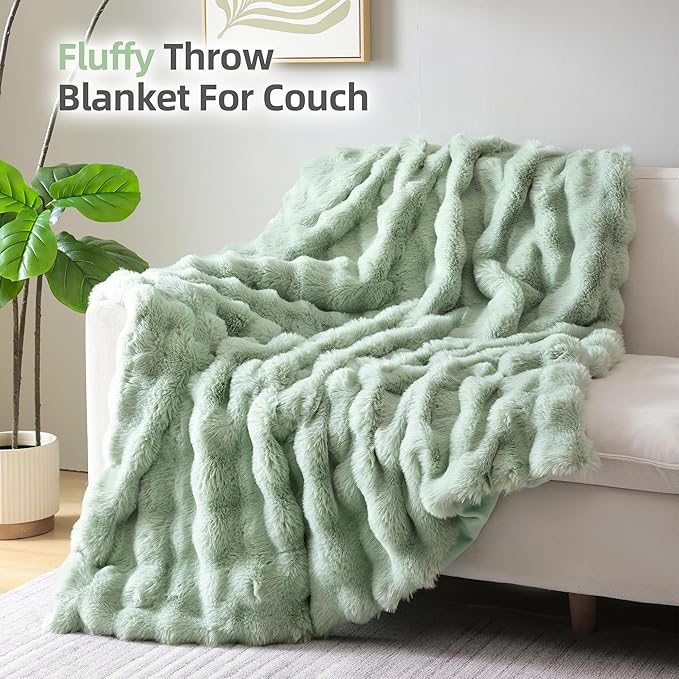 Smoofy Faux Fur Throw Blanket for Couch – Sage Fluffy Cozy Rabbit Fleece, Plush Soft Bubble Blanket for Sofa & Bed, for Mom, Warm Fuzzy Home Room Decor Throw 60" x 80"