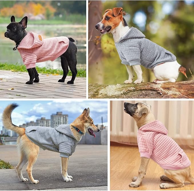 BEAUTYZOO Small Dog Hoodie Sweater with Pockets, Dog Clothes for Small Medium Dogs Boy Girl, Waffle-Like Laminated Cotton Pet Coats with Hat and Leash Hole, Grey XL