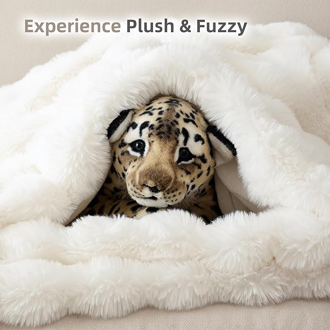 Smoofy Faux Fur Throw Blanket for Couch – Cream White Fluffy Cozy Rabbit Fleece, Plush Soft Bubble Blanket for Sofa & Bed, for Mom, Warm Fuzzy Home Room Decor Throw 60" x 80"