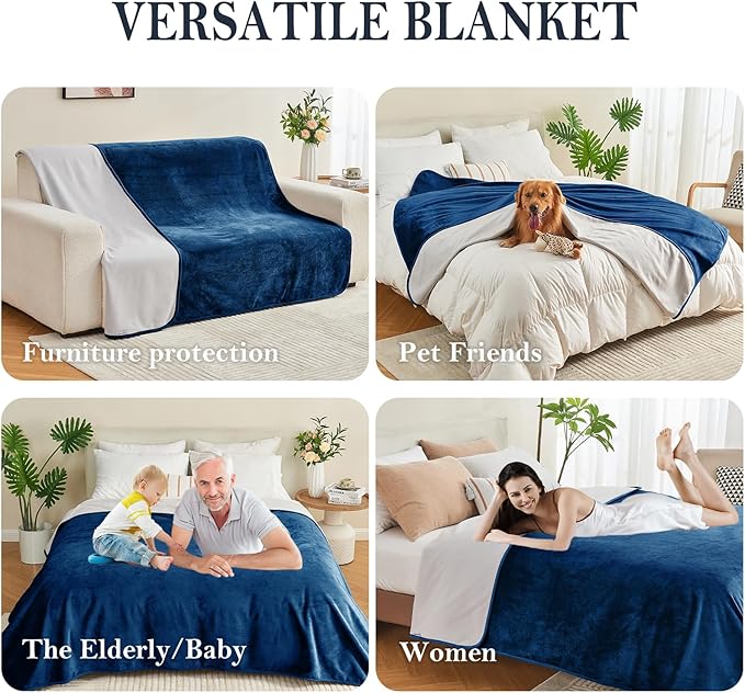 Waterproof Blanket 80"x90" for Adults, Reversible Waterproof Bed Cover for Dogs Cats Pets, Soft Leakproof Blanket for Bed Couch Sofa Furniture Protector, Navy Blue/Light Grey