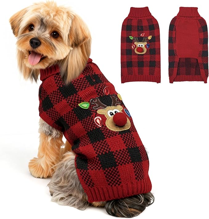 WOYYHO Dog Sweater for Small Dogs, Reindeer & Red Buffalo Plaid Knit Sleeveless Turtleneck | Warm Winter Puppy Clothes with Leash Hole for Chihuahua, Yorkie, Dachshund L