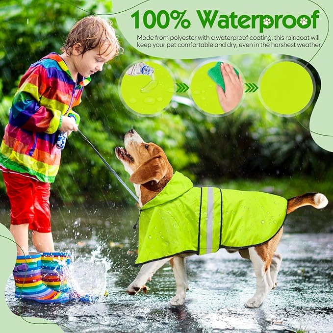 Dog Raincoat - Waterproof Dog Rain Jacket with Leash Hole, Lightweight Hooded Pet Rain Coats, Reflective Doggy Slicker Poncho for Dogs Walking(M, Green)