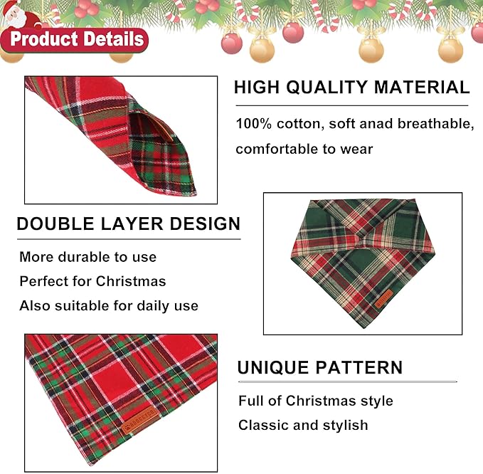 ADOGGYGO 4 Pack Plaid Dog Bandanas Fall Halloween Thanksgiving Christmas, Premium Cotton Fabric, Red Green Orange Blue Plaid Bandanas for Extra Large Dogs (X-Large)