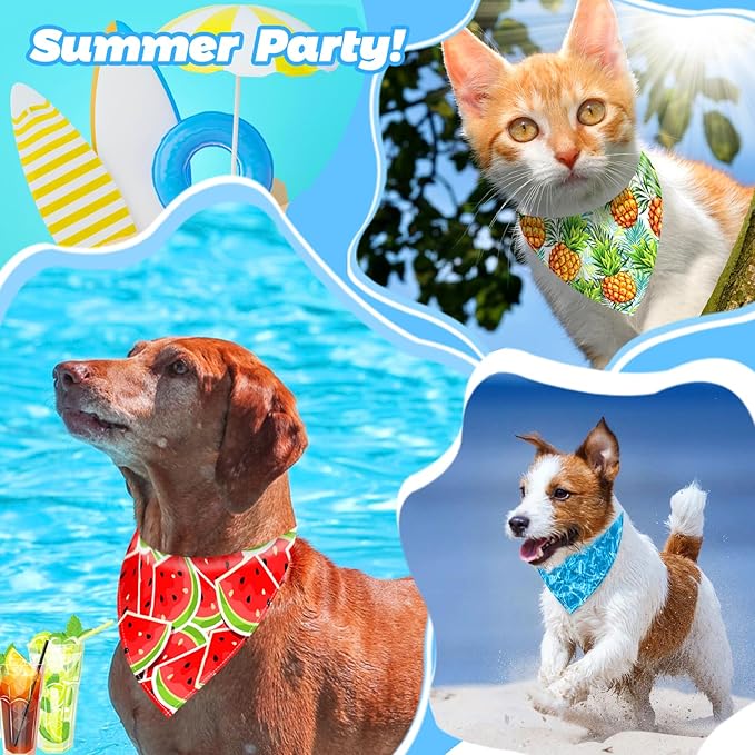 XPUDAC 100 Pack Summer Dog Bandanas Bulk Dog Scarf Bibs Adjustable Washable Kerchief with Fruit Flamingo Flower Patten Pet Costume Accessories for Small Medium Dogs