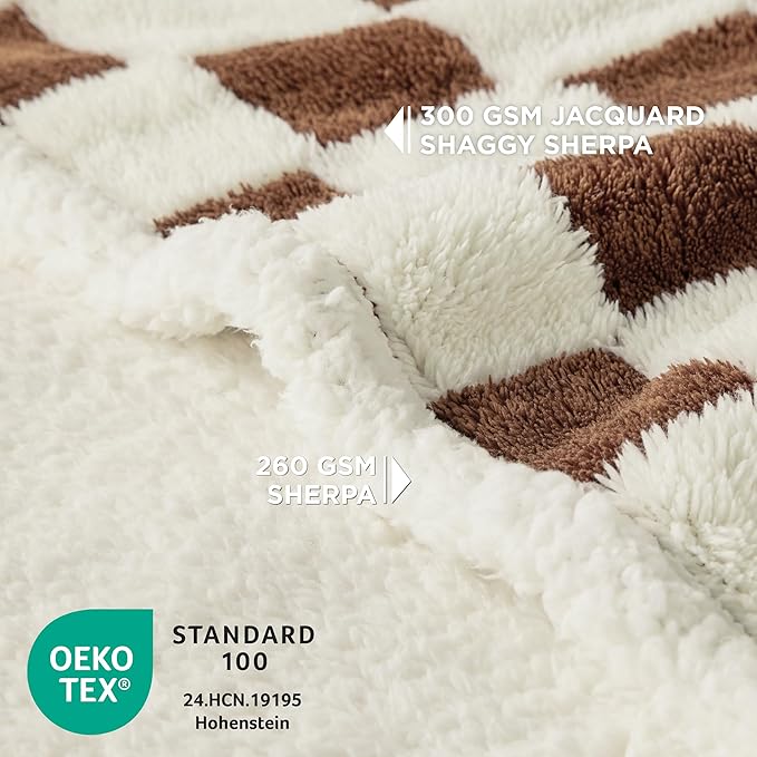 Lesure Waterproof Dog Blanket for Large Dogs - Washable Double Sided with Warm Jacquard Shag and Soft Sherpa Fleece, Pet Cat Blanket for Couch Protection, 3D Textured Checks, Brown