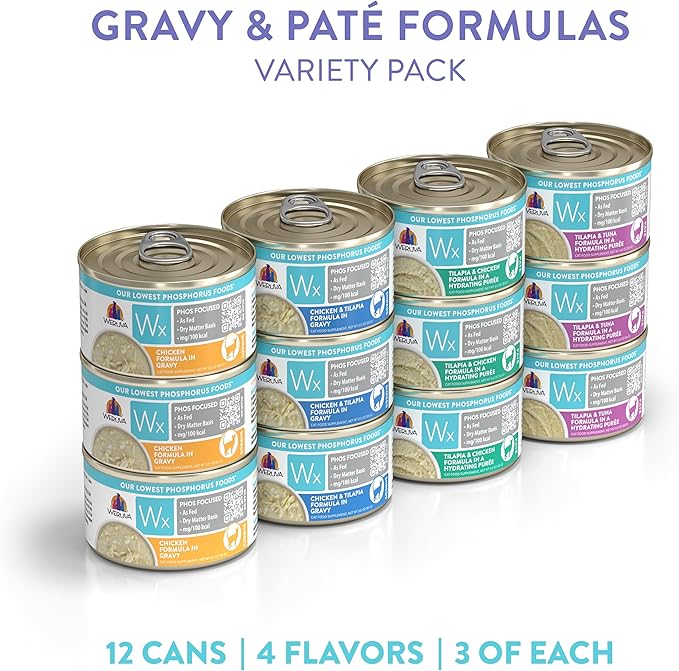 Weruva Wx Phos Focused, Pate & Gravy Formulas Variety Pack, 3oz Can (Pack of 12)