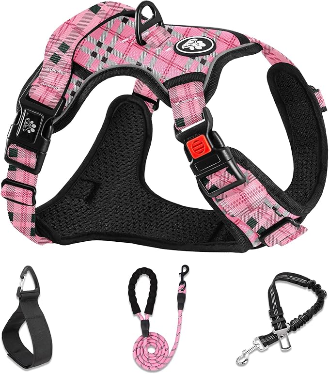 NESTROAD No Pull Dog Harness with Leash, Reflective No Choke Pet Vest Harness,Adjustable Soft Padded Dog Harness with Easy Control Handle for Large Dogs(Checkered Pink,X-Large)