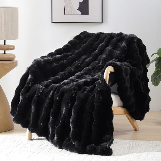 Smoofy Faux Fur Throw Blanket for Couch – Black Fluffy Cozy Rabbit Fleece, Plush Soft Bubble Blanket for Sofa & Bed, for Mom, Warm Fuzzy Home Room Decor Throw 50" x 60"