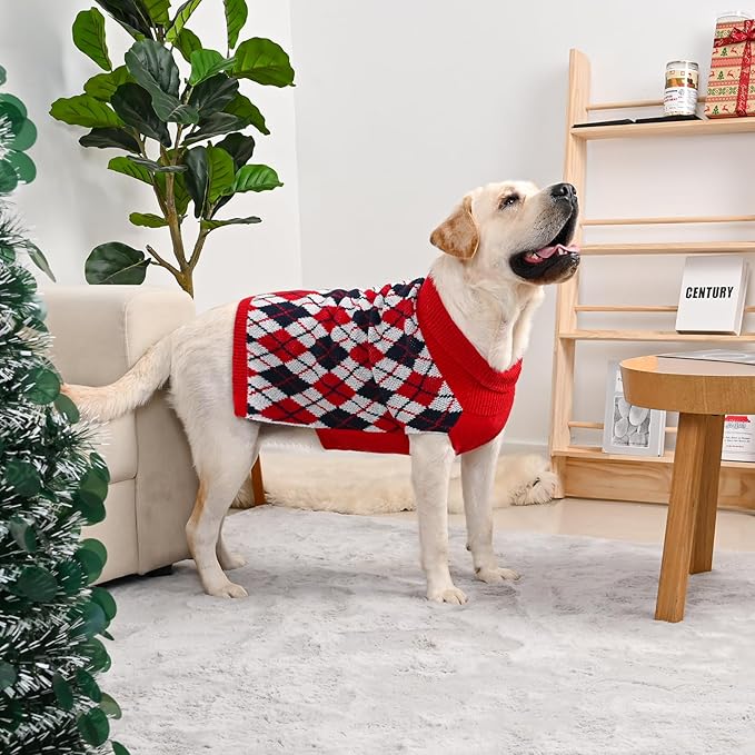 Dog Sweater for Large Dogs Plaid Checkered Knit Turtleneck Pullover Winter Clothes Boys Girls Stretch Golden Retriever Labrador Bulldog Pitbull Doberman Christmas Pet XXL