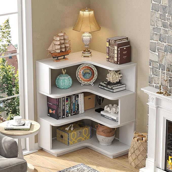 Armocity Corner Book Shelf - 4 Tier Corner Bookshelf Etagere Bookcase with Baffle, Freestanding L Shaped Display Shelf Stand for Home Office, Living Room, Bedroom, Kitchen, White